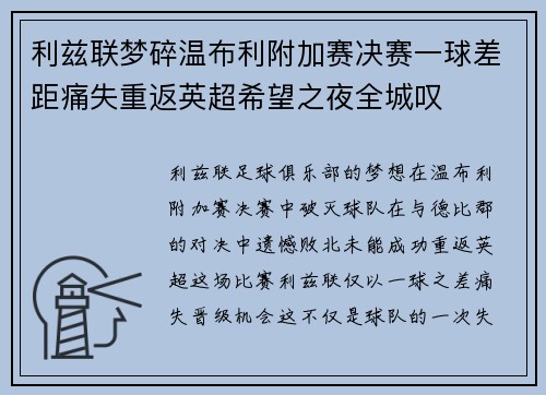 利兹联梦碎温布利附加赛决赛一球差距痛失重返英超希望之夜全城叹